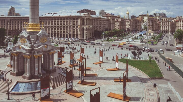 The famous Independence Square in Kiev on a sunny day. The square was the site of Euromaidan protests beginning in November 2013, progressing to violent clashes, fires, and ending in the February 2014 Ukrainian revolution.